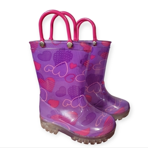 Outee Pink and Purple Heart Print Pull On Light Up Rain Boots Size 5 - Picture 14 of 14